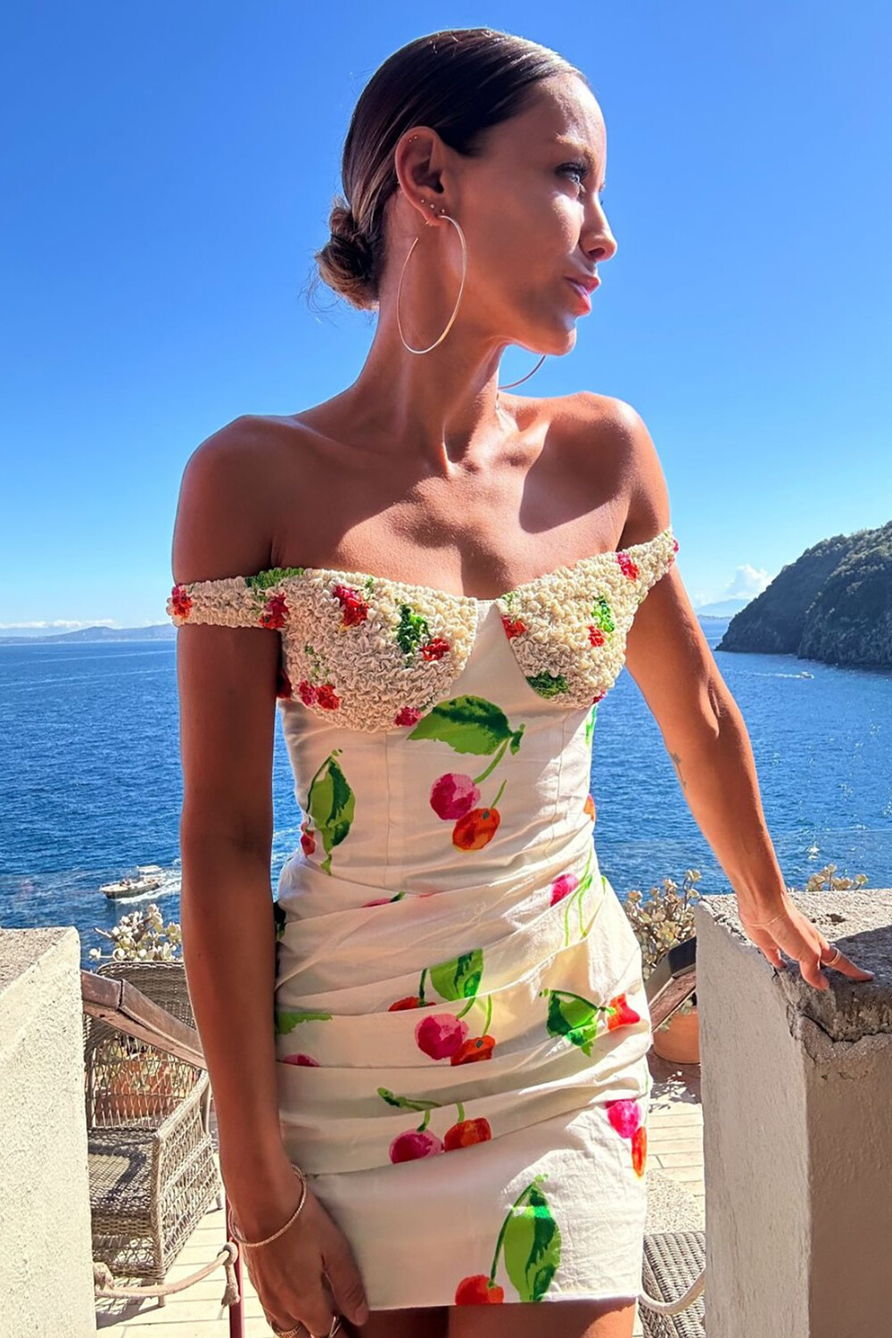 Cherry Print Textured Off Shoulder Bodycon Mini Dresses-Beige [Pre Order]