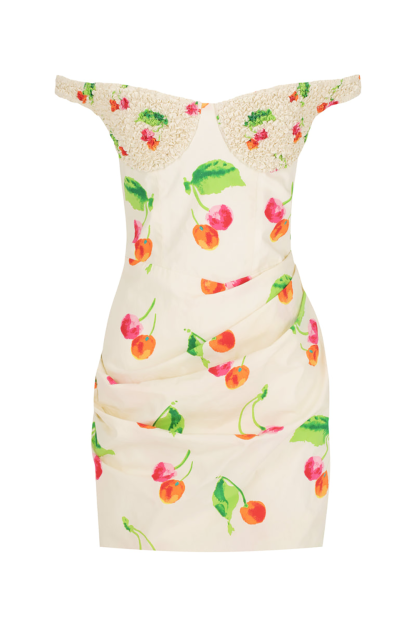Cherry Print Textured Off Shoulder Bodycon Mini Dresses-Beige [Pre Order]