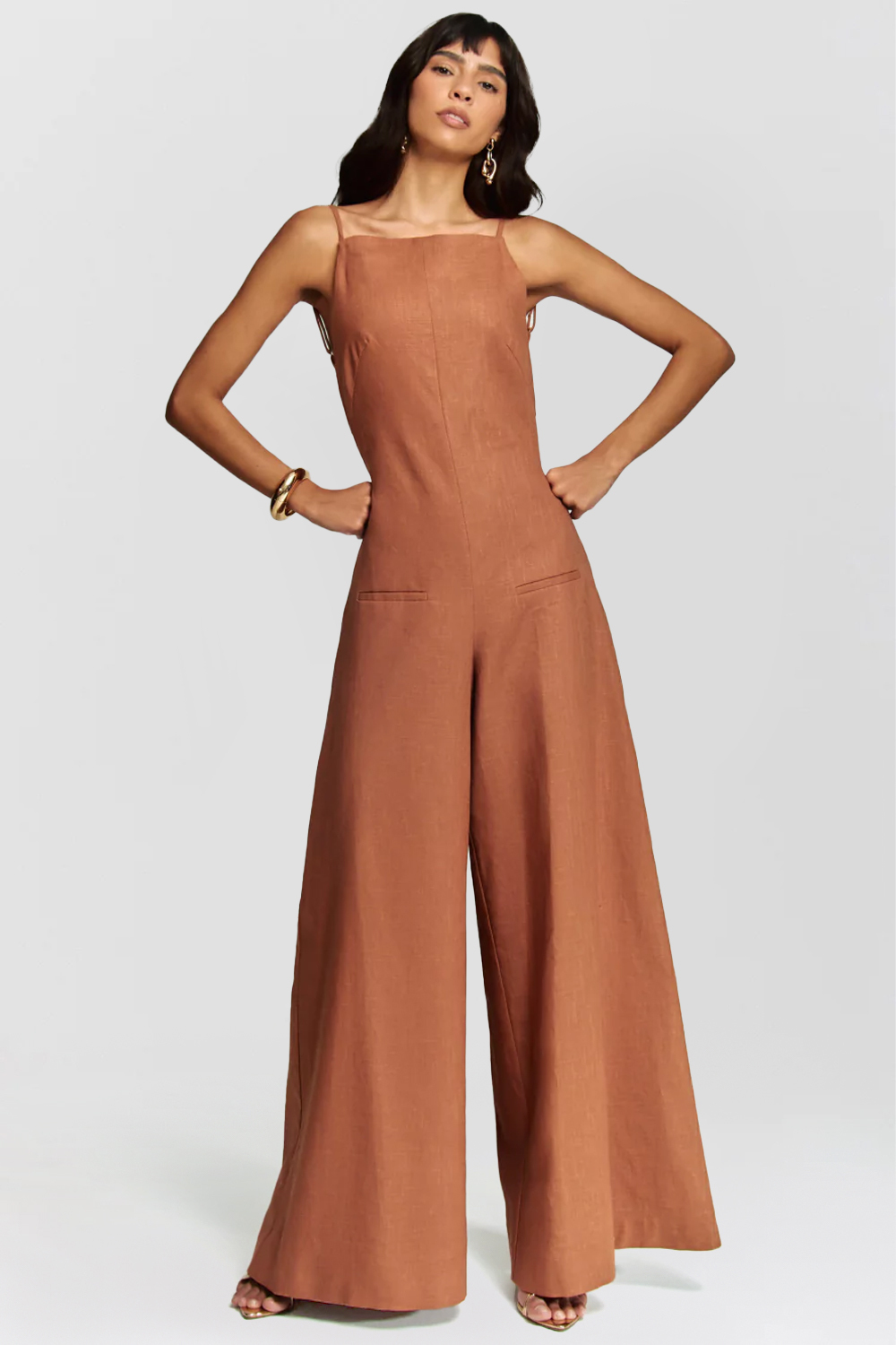 Wide Leg Open Back Solid Color Sleeveless Jumpsuit-Brown [Pre Order]