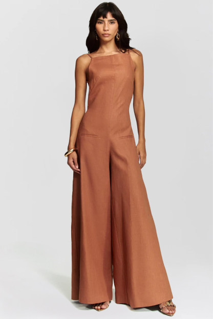 Wide Leg Open Back Solid Color Sleeveless Jumpsuit-Brown [Pre Order]