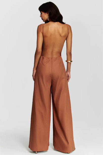 Wide Leg Open Back Solid Color Sleeveless Jumpsuit-Brown [Pre Order]