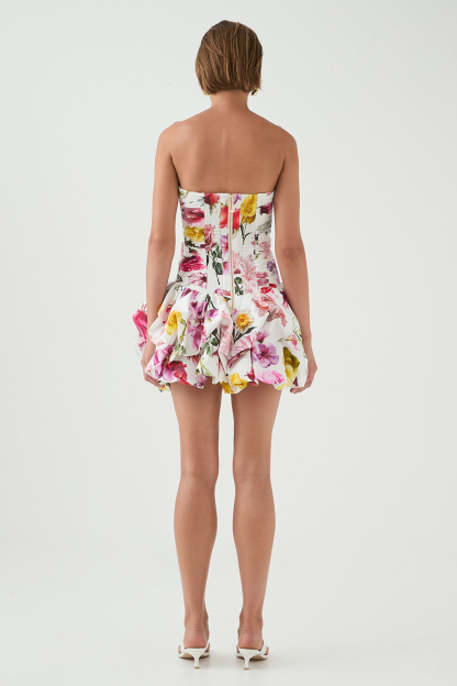 Floral Print Strapless Slim Fit Petal Bubbled Mini Dresses-White [Pre Order]