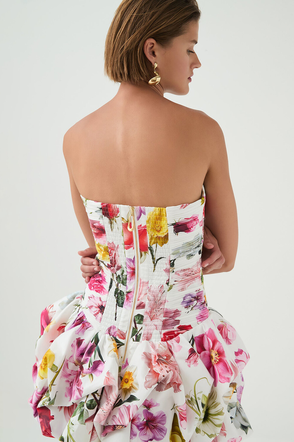 Floral Print Strapless Slim Fit Petal Bubbled Mini Dresses-White [Pre Order]