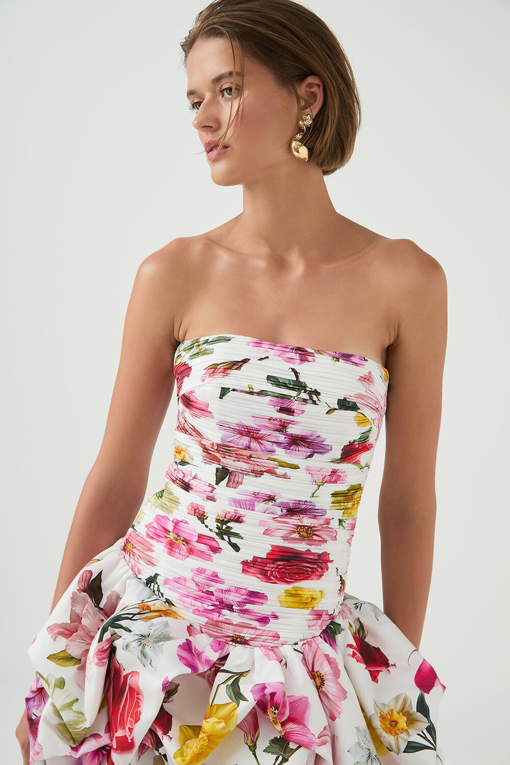 Floral Print Strapless Slim Fit Petal Bubbled Mini Dresses-White [Pre Order]