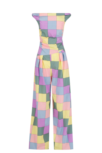 Multicolor Plaid Print Wide Leg Off Shoulder Jumpsuit-Purple [Pre Order]