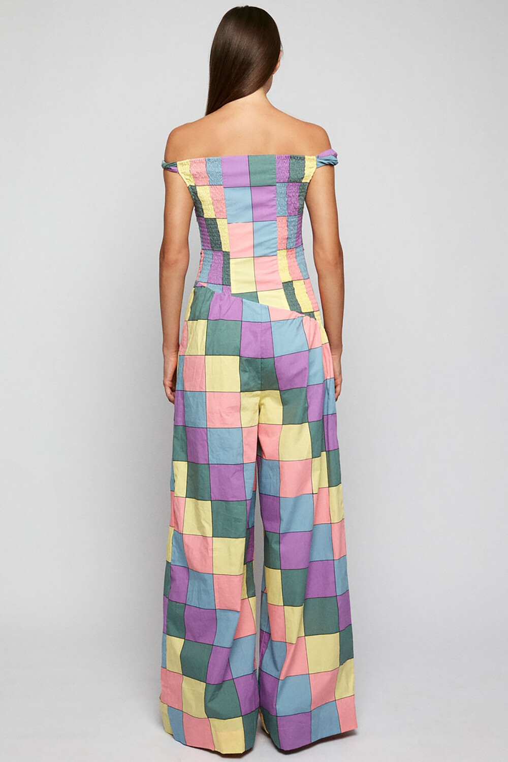 Multicolor Plaid Print Wide Leg Off Shoulder Jumpsuit-Purple [Pre Order]