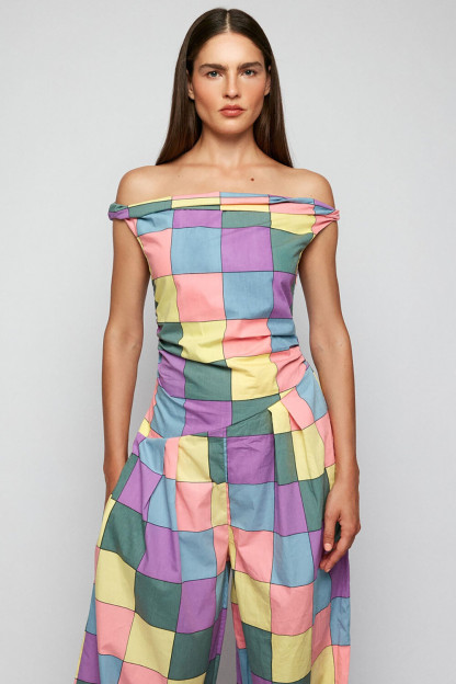 Multicolor Plaid Print Wide Leg Off Shoulder Jumpsuit-Purple [Pre Order]