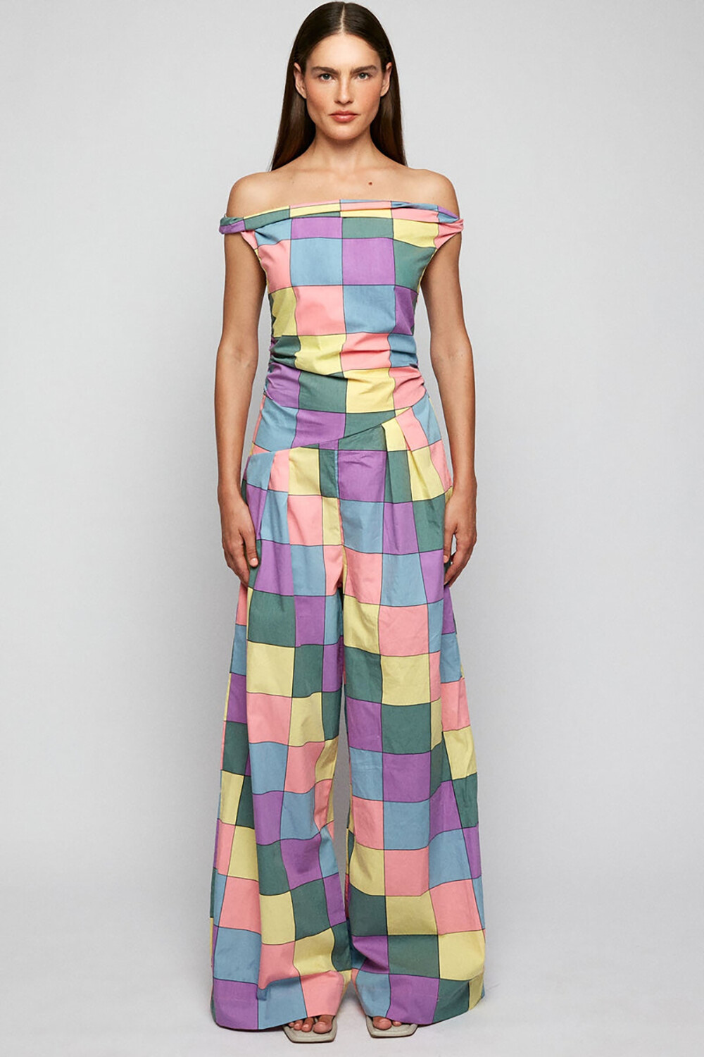 Multicolor Plaid Print Wide Leg Off Shoulder Jumpsuit-Purple [Pre Orde
