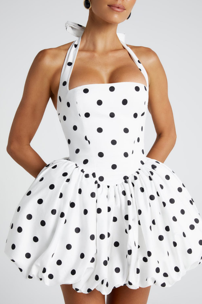 Polka Dot Print Halter Cinch Waist Bubbled Hem Mini Dresses-White [Pre Order]