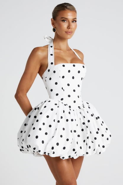 Polka Dot Print Halter Cinch Waist Bubbled Hem Mini Dresses-White [Pre Order]