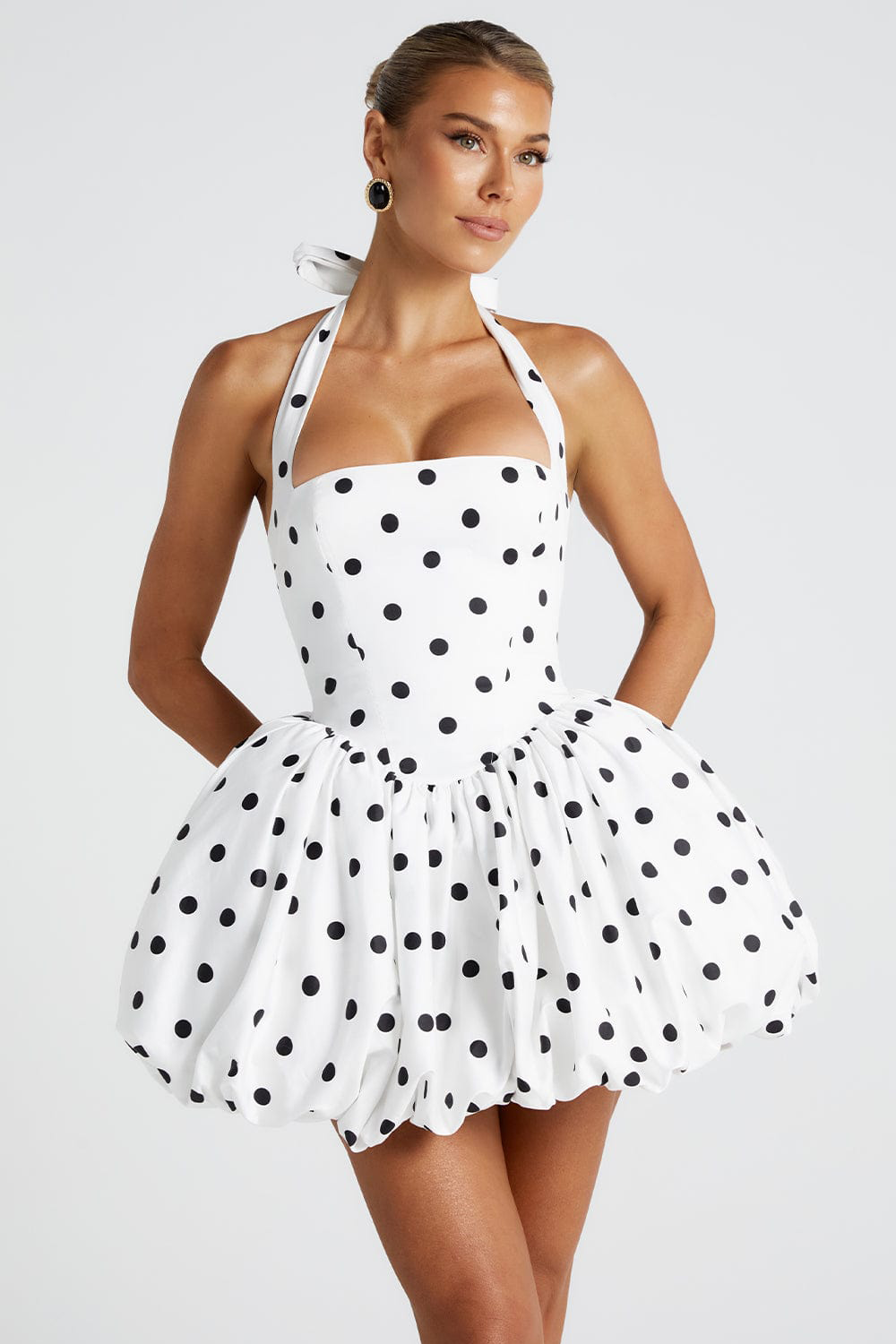 Polka Dot Print Halter Cinch Waist Bubbled Hem Mini Dresses-White [Pre Order]