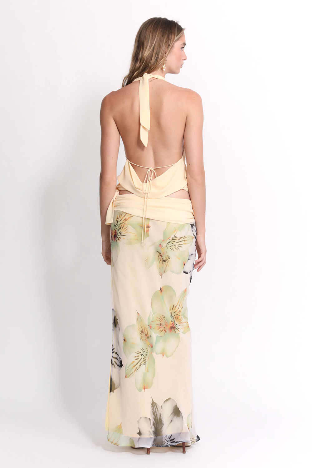 Cowl Neck Crop Top Floral Print Slit Maxi Skirt 2pcs Set-Beige [Pre Order]