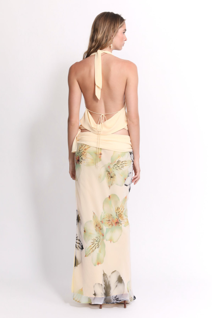 Cowl Neck Crop Top Floral Print Slit Maxi Skirt 2pcs Set-Beige [Pre Order]