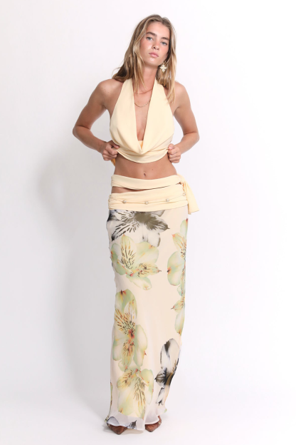 Cowl Neck Crop Top Floral Print Slit Maxi Skirt 2pcs Set-Beige [Pre Order]