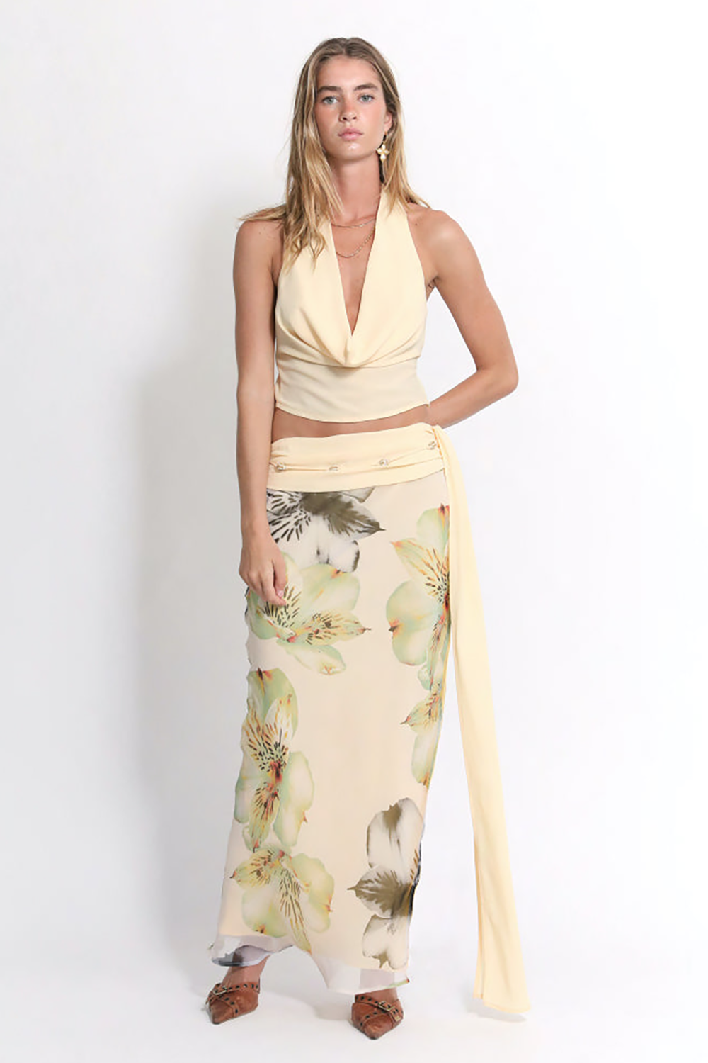 Cowl Neck Crop Top Floral Print Slit Maxi Skirt 2pcs Set-Beige [Pre Order]