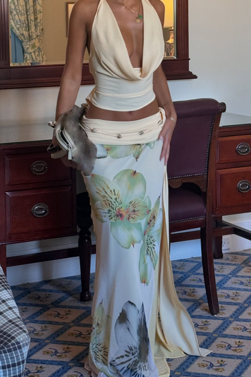 Cowl Neck Crop Top Floral Print Slit Maxi Skirt 2pcs Set-Beige [Pre Order]
