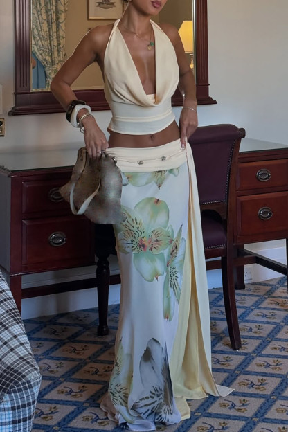 Cowl Neck Crop Top Floral Print Slit Maxi Skirt 2pcs Set-Beige [Pre Order]