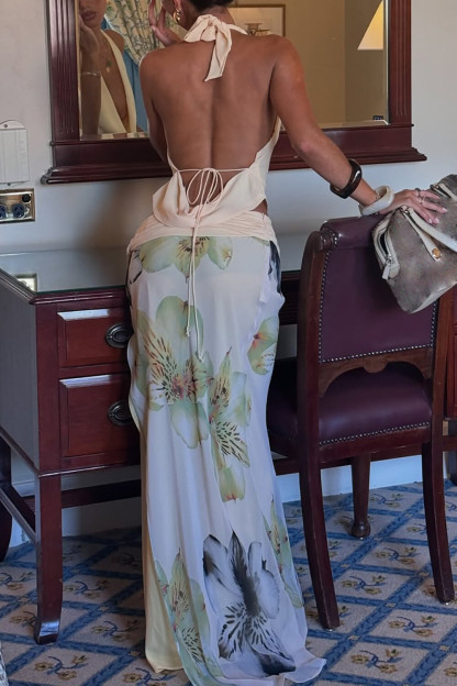 Cowl Neck Crop Top Floral Print Slit Maxi Skirt 2pcs Set-Beige [Pre Order]