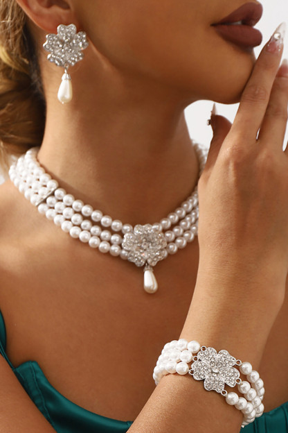 Rhinestone Floral Faux Pearls Necklace Dangle Earrings Bracelet Jewelry Set