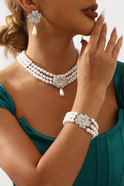 Rhinestone Floral Faux Pearls Necklace Dangle Earrings Bracelet Jewelry Set