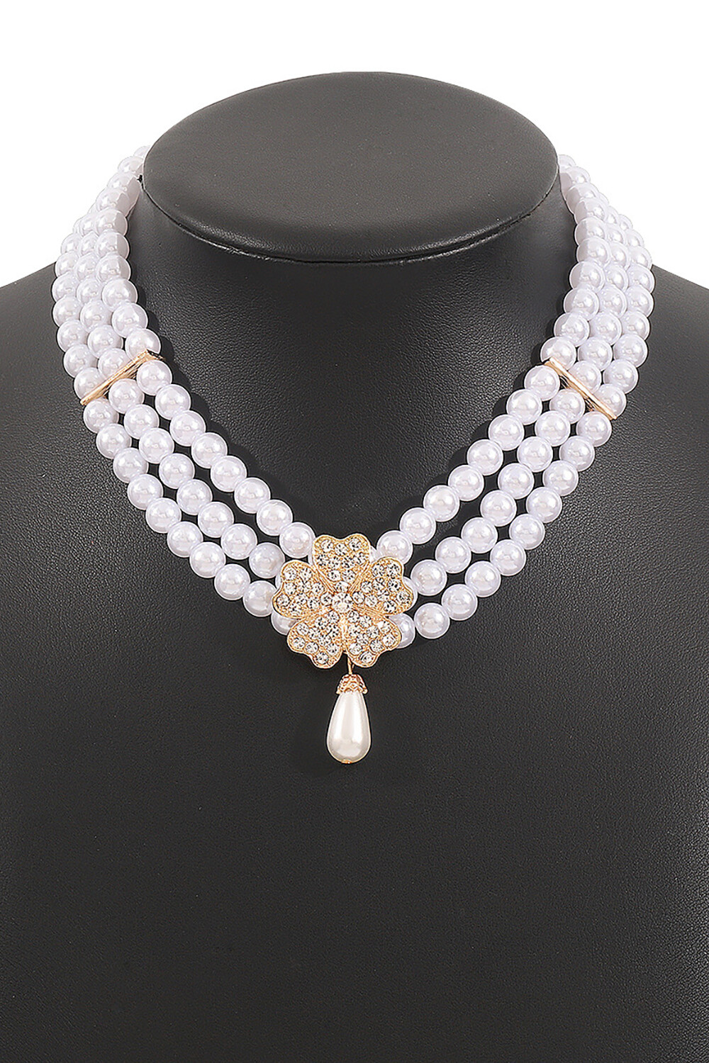 Rhinestone Floral Faux Pearls Necklace Dangle Earrings Bracelet Jewelry Set
