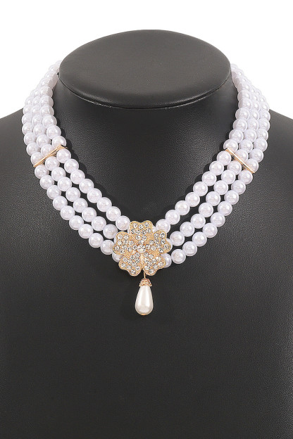 Rhinestone Floral Faux Pearls Necklace Dangle Earrings Bracelet Jewelry Set