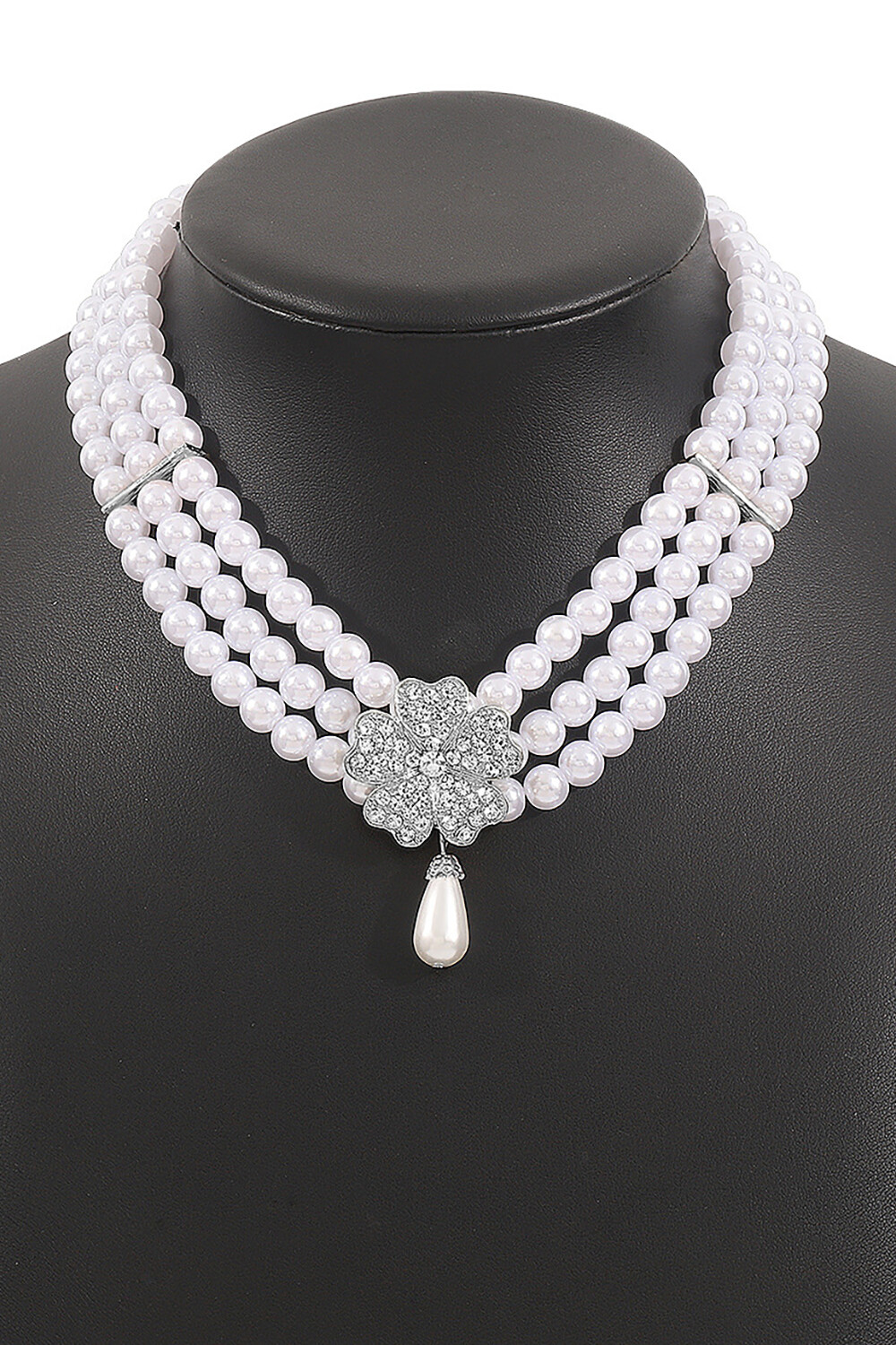 Rhinestone Floral Faux Pearls Necklace Dangle Earrings Bracelet Jewelry Set