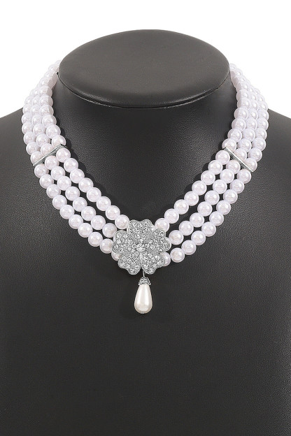 Rhinestone Floral Faux Pearls Necklace Dangle Earrings Bracelet Jewelry Set