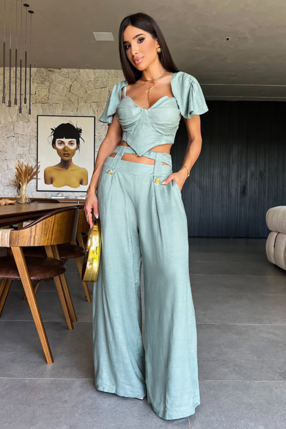 Petal Sleeve Crop Top Wide Leg Pants 2pcs Set-PaleTurquoise [Pre Order]