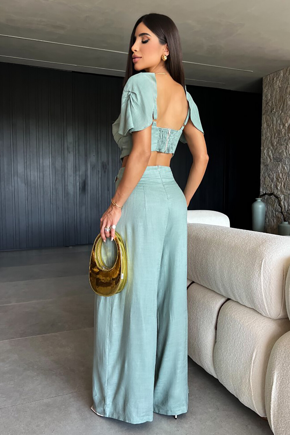 Petal Sleeve Crop Top Wide Leg Pants 2pcs Set-PaleTurquoise [Pre Order]
