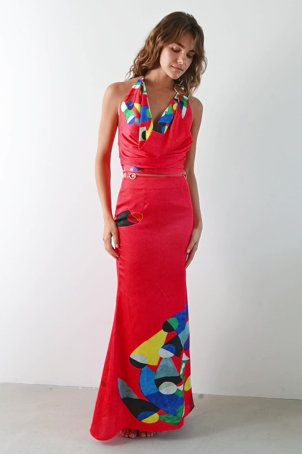 Geometric Print Cowl Neck Halter Fitted Fishtail Maxi Dresses-Red [Pre Order]