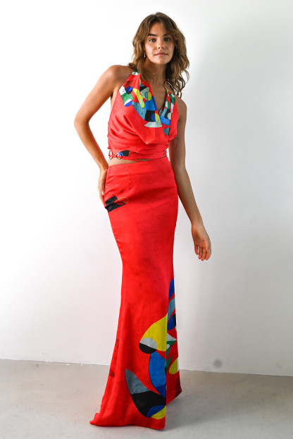 Geometric Print Cowl Neck Halter Fitted Fishtail Maxi Dresses-Red [Pre Order]