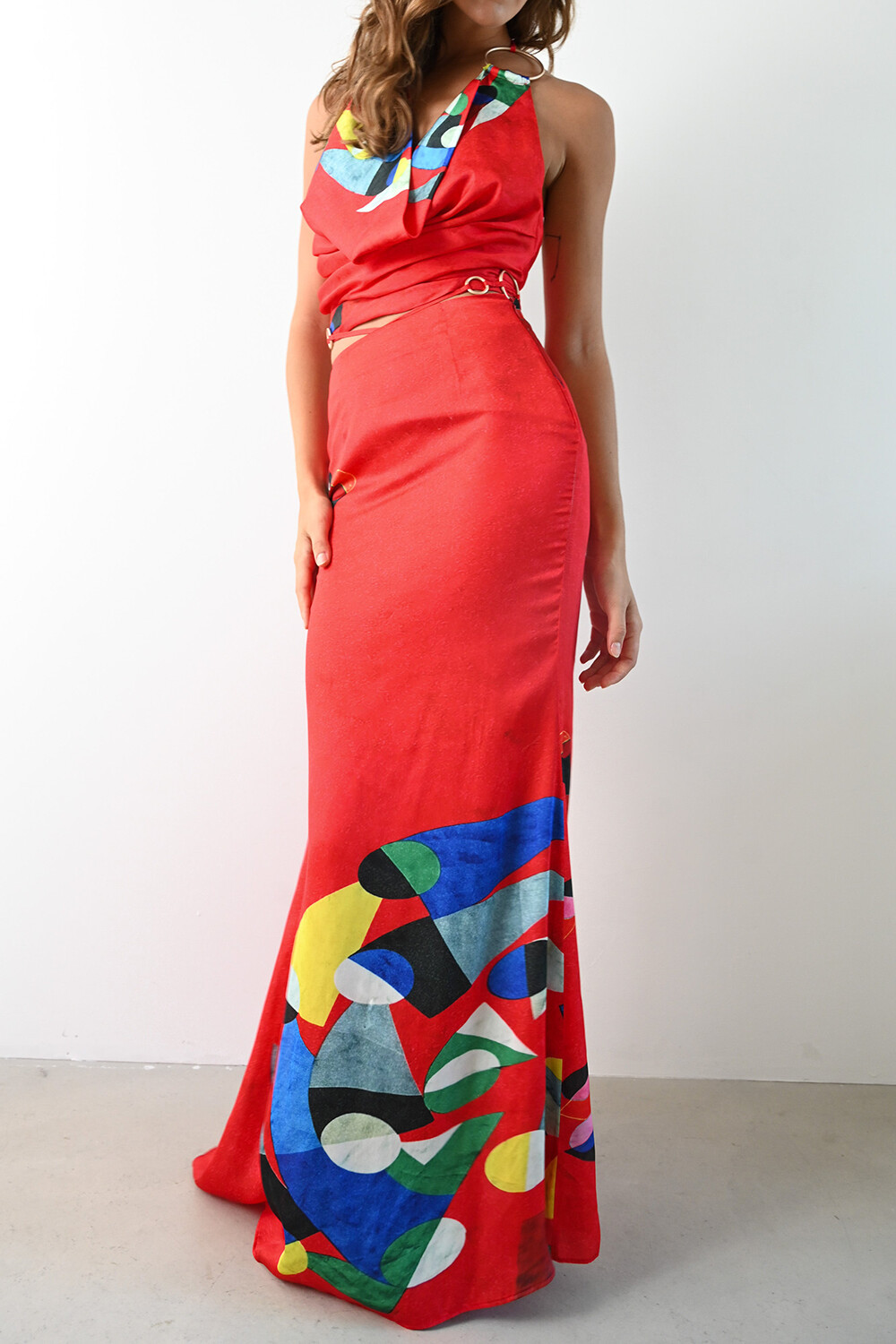 Geometric Print Cowl Neck Halter Fitted Fishtail Maxi Dresses-Red [Pre Order]