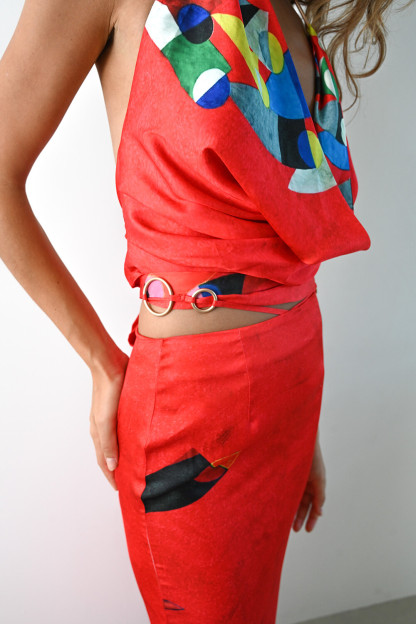 Geometric Print Cowl Neck Halter Fitted Fishtail Maxi Dresses-Red [Pre Order]