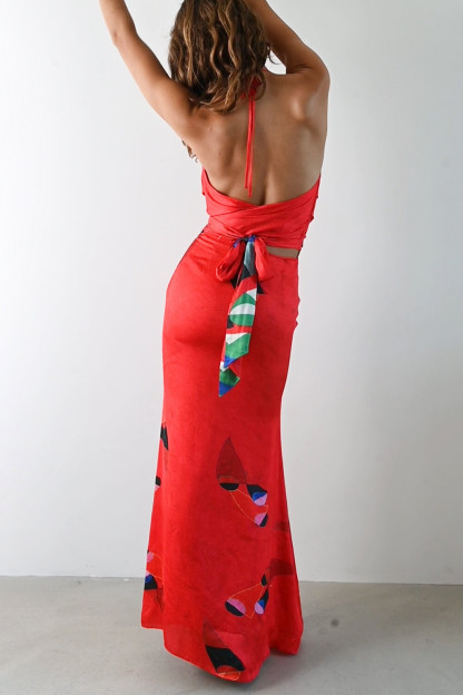 Geometric Print Cowl Neck Halter Fitted Fishtail Maxi Dresses-Red [Pre Order]