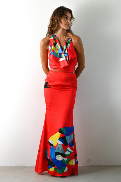 Geometric Print Cowl Neck Halter Fitted Fishtail Maxi Dresses-Red [Pre Order]