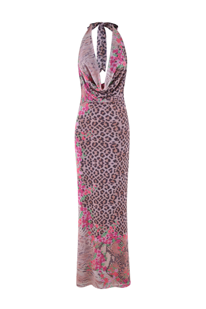 Cowl Neck Halter Leopard Floral Print Slim Fit Maxi Dresses-Pink [Pre Order]