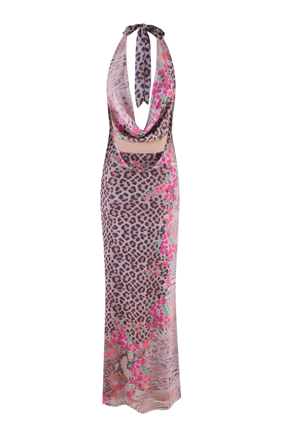 Cowl Neck Halter Leopard Floral Print Slim Fit Maxi Dresses-Pink [Pre Order]