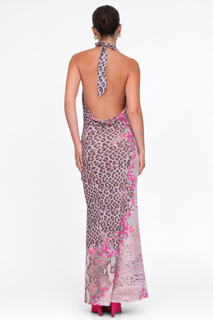 Cowl Neck Halter Leopard Floral Print Slim Fit Maxi Dresses-Pink [Pre Order]