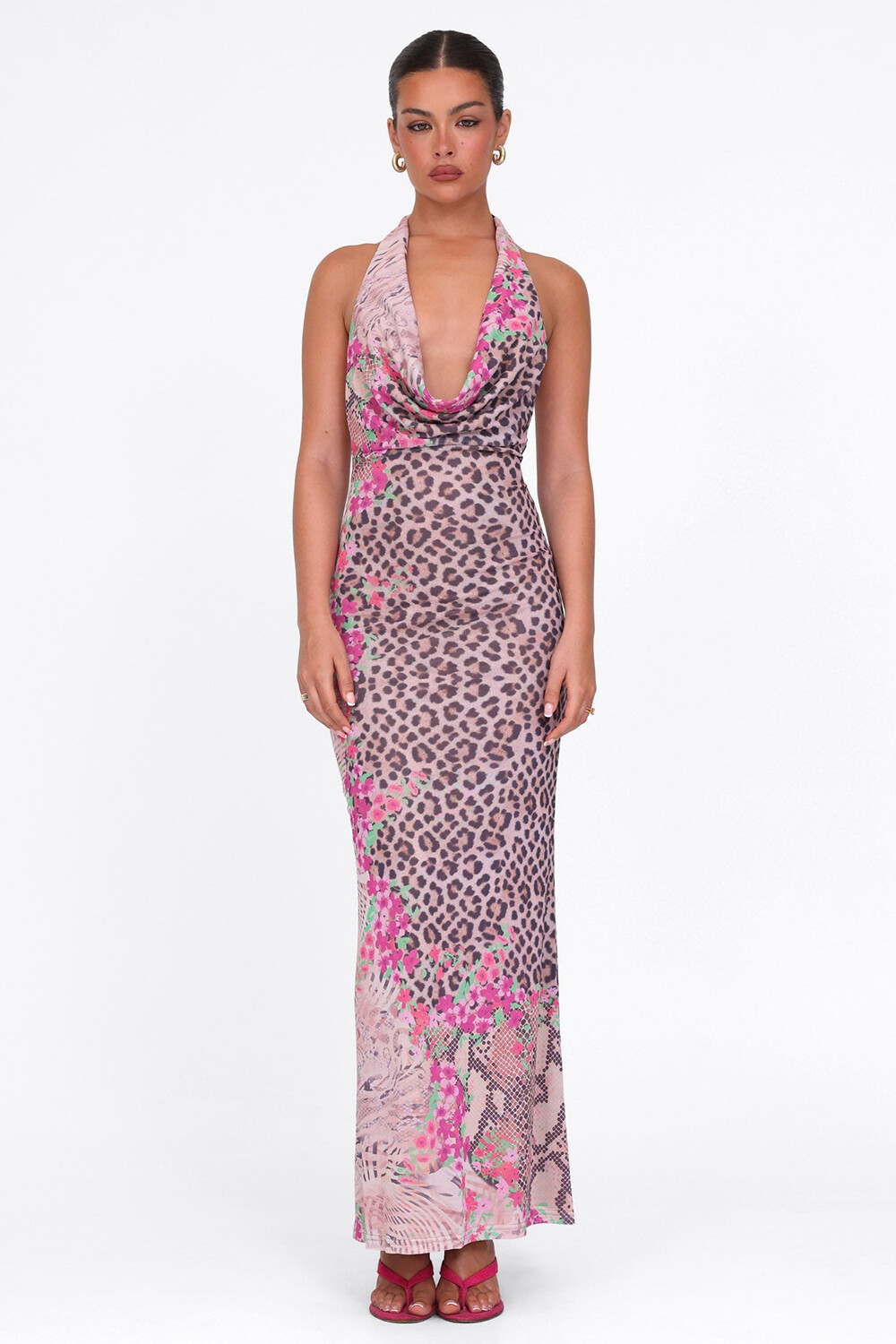 Cowl Neck Halter Leopard Floral Print Slim Fit Maxi Dresses-Pink [Pre Order]