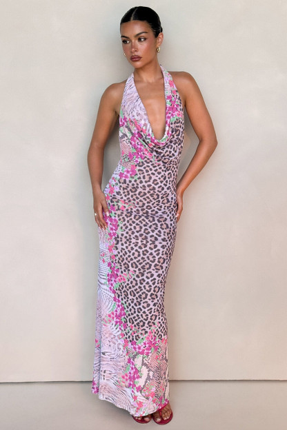 Cowl Neck Halter Leopard Floral Print Slim Fit Maxi Dresses-Pink [Pre Order]