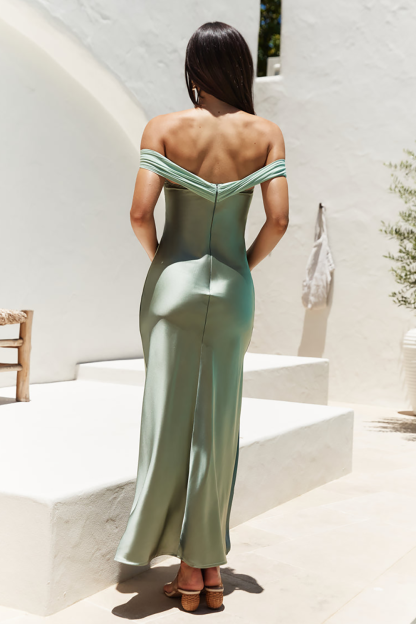 Twisted Ruched Off Shoulder Satin Slim Fit Maxi Dresses-Green [Pre Order]