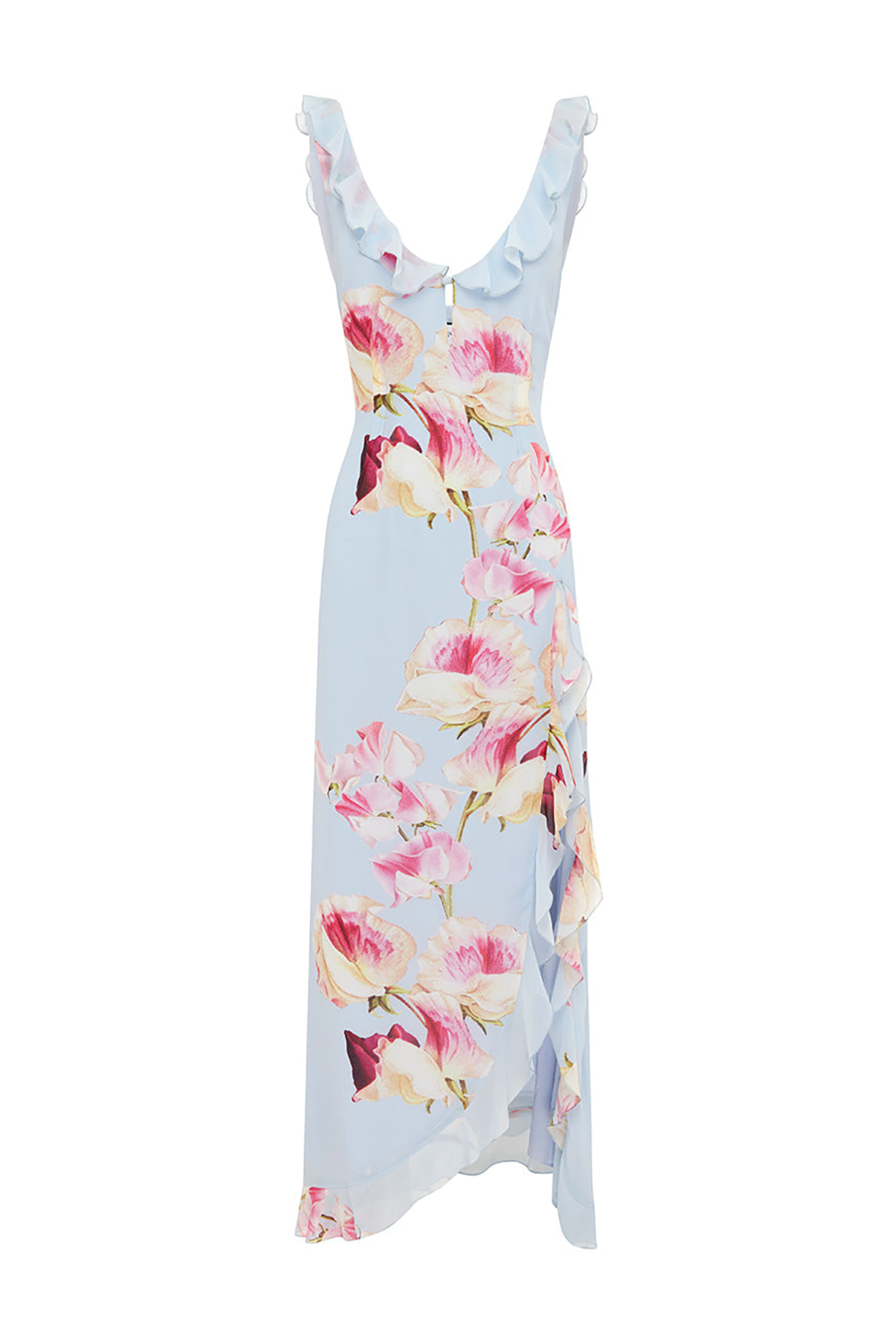 Floral Print Ruffled Slit Sleeveless Maxi Dresses-Blue [Pre Order]