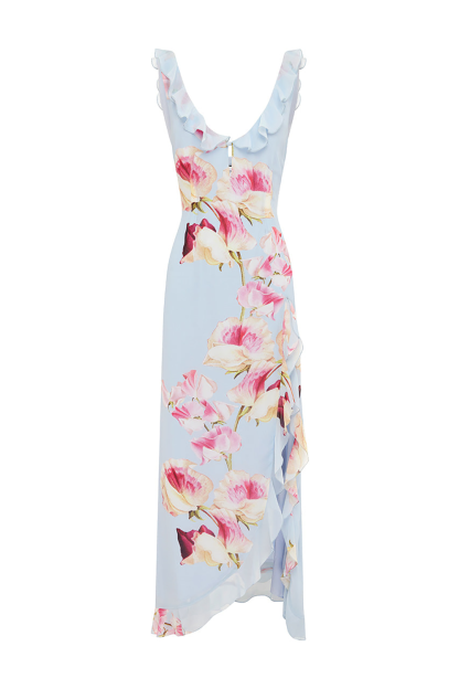 Floral Print Ruffled Slit Sleeveless Maxi Dresses-Blue [Pre Order]