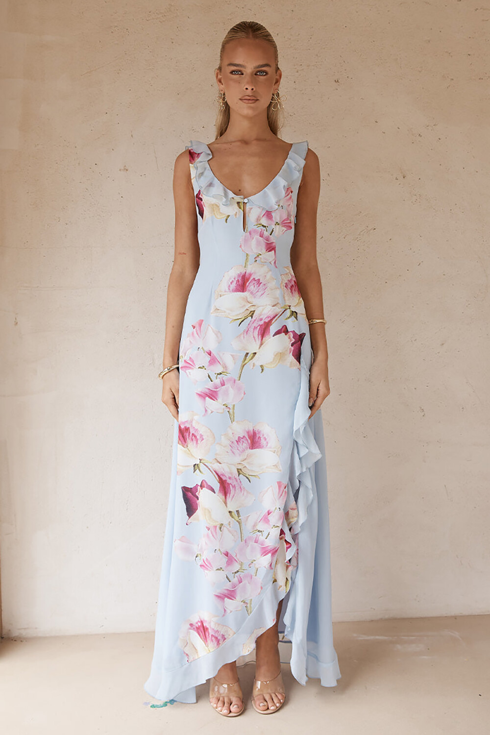 Floral Print Ruffled Slit Sleeveless Maxi Dresses-Blue [Pre Order]