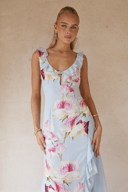 Floral Print Ruffled Slit Sleeveless Maxi Dresses-Blue [Pre Order]