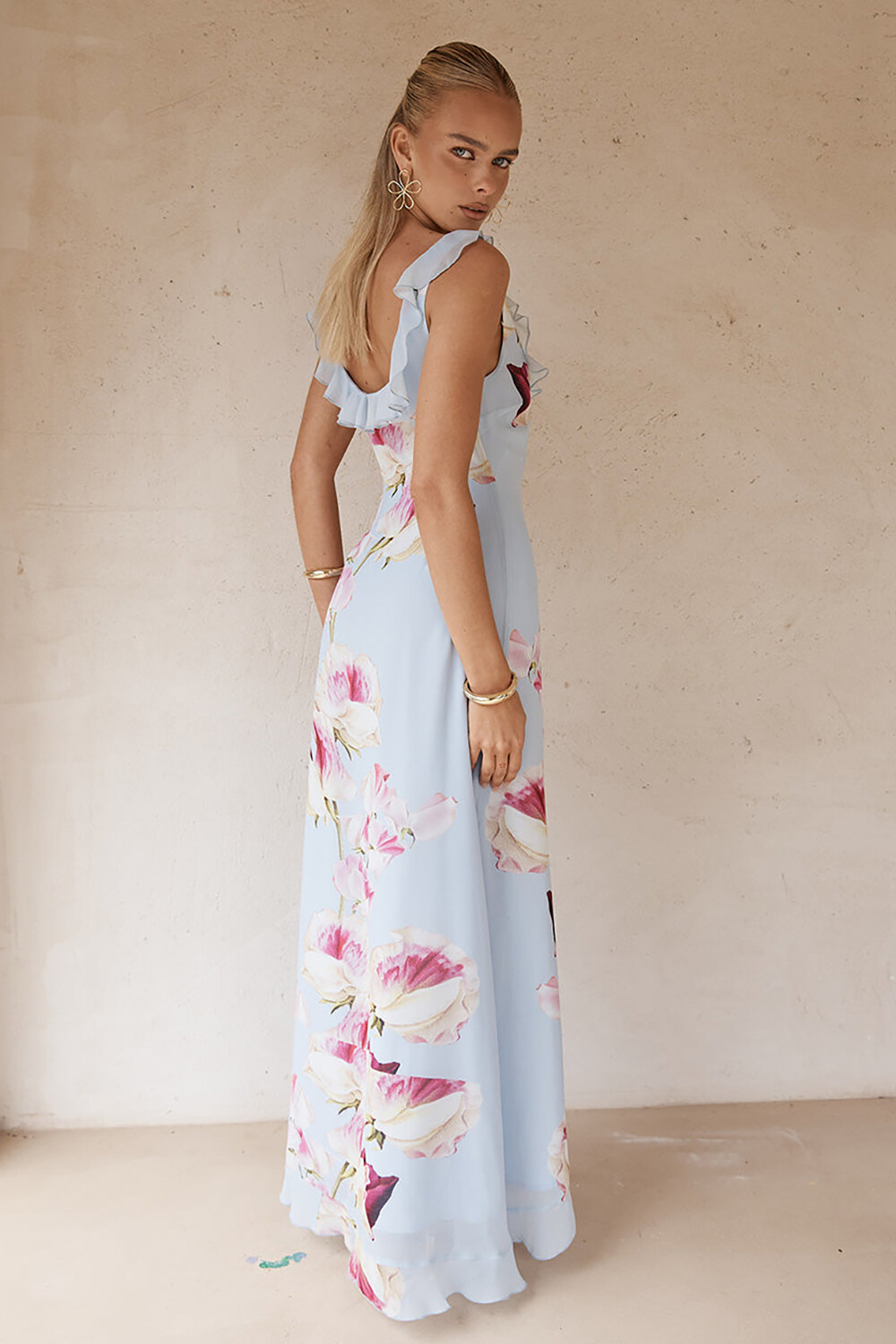 Floral Print Ruffled Slit Sleeveless Maxi Dresses-Blue [Pre Order]