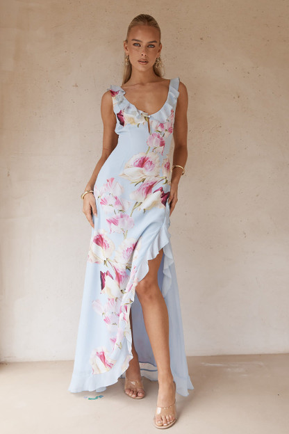 Floral Print Ruffled Slit Sleeveless Maxi Dresses-Blue [Pre Order]