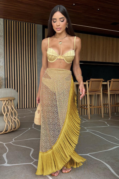 Fringed Textured Semi-Sheer Maxi Skirt Beach Bikini Swimsuit 3pcs Set-Beige