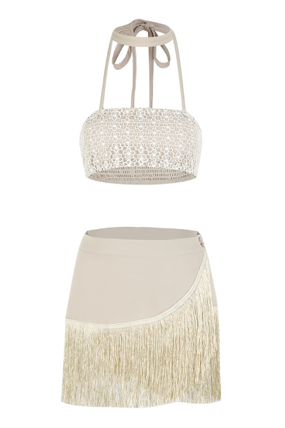 Halter Neck Textured Crop Top Fringed Mini Skirt Vacation 2pcs Set-Beige